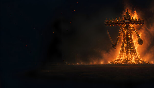 Burning effigy of ravana during the dussehra festival celebration at night