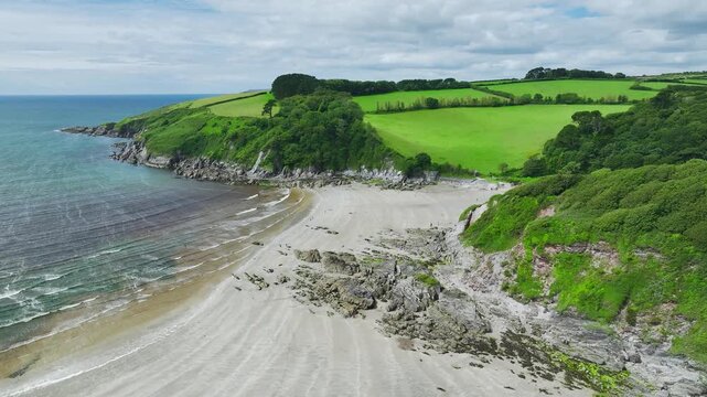 Cliffs over Mothecombe Beach and Red Cove from a drone, River Emme, Mothecombe, Plymouth, South Devon, England, United Kingdom