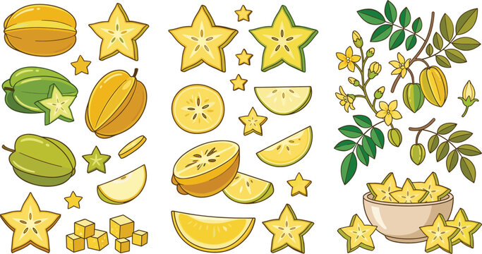 Star Fruit Collection with Whole Carambola, Fresh Slices, Star Shaped Pieces, Seeds, Leaves, Flowers, Bowl, and Botanical Branches