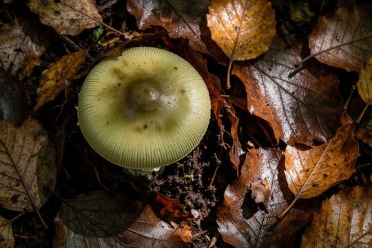 Pale green poisonous mushroom sits on forest floor in fallen wet leaves. Deadly fungus has gills underneath its cap. Amanita phalloides poses significant health risks.