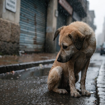 Stray homeless dog, sad abandoned hungry puppy sitting alone in the street under rain dirty wet lost, outdoors pets adoption shelter rescue help for ... 
