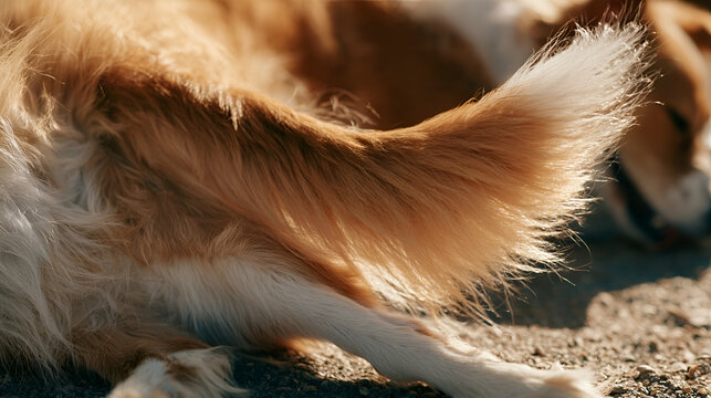 Close-Up Of A Dog's Tail Wagging Happily During A Belly Rub, Crisp Midday Sunlight, Shot On 85mm Lens, Shallow Depth Of Field, High-Contrast Tones, Photorealistic, Ultra-Detailed