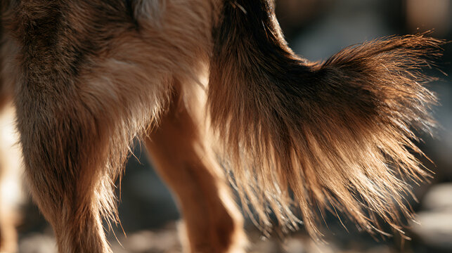 Close-Up Of A Dog's Tail Wagging Happily During A Belly Rub, Crisp Midday Sunlight, Shot On 85mm Lens, Shallow Depth Of Field, High-Contrast Tones, Photorealistic, Ultra-Detailed