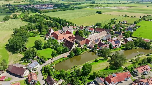 Aerial view of the village of Heiligkreuztal with the cathedral and the former Cistercian nunnery, district of Biberach, Upper Swabia, Baden-W&uuml;rttemberg, Germany