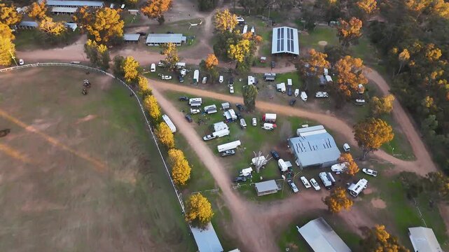 Aerial View of Rural Showground and Campsite at Sunset