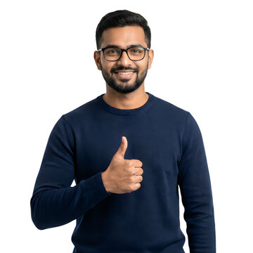 Young Indian man with glasses showing thumbs up isolated on white background