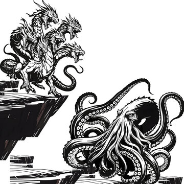 Epic battle between hydra dragon and sea monster kraken