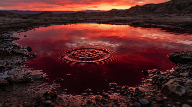 The terrified army of Moabites hallucinating, seeing the water in the valley reflecting the sunrise as pools of bright red blood