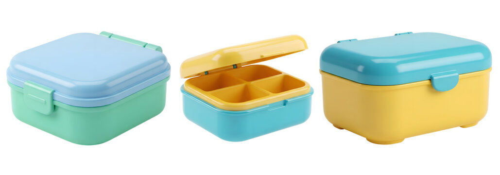 Colorful plastic lunch boxes for school and work with multiple compartments featuring a glossy finish and vibrant pastel lids isolated individually on transparent background