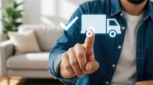 Person touches glowing truck icon with checkmark. Confirmation of delivery service. Online order tracking and logistics success. Efficient shipping process complete.