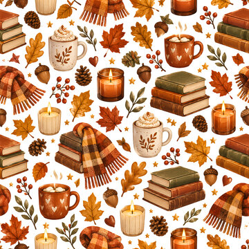 Autumn-themed pattern elements featuring fall leaves, stacked books, candles, scarves, pine cones, acorns, berries and steaming hot drinks isolated on transparent background. Suitable for seasonal pac