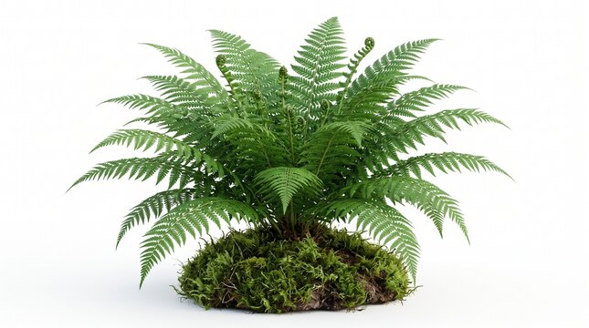 Lush green fern plant with moss isolated on white background. Wild forest fronds and fiddleheads botanical element