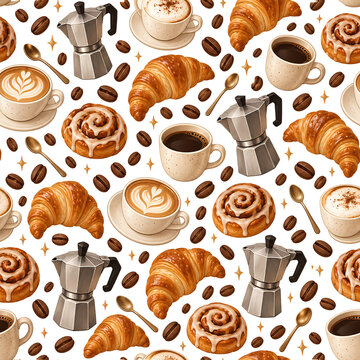 Cozy coffee and bakery themed pattern elements featuring coffee cups, croissants, cinnamon rolls, moka pots, coffee beans and spoons isolated on transparent background. Suitable for packaging, sticker