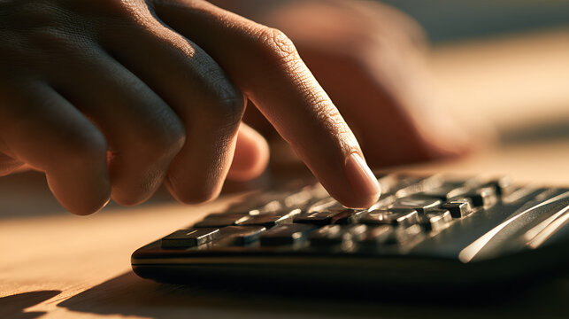 Close-Up Of A Hand Calculating Compound Interest On A Calculator, Crisp Midday Sunlight, Shot On 85mm Lens, Shallow Depth Of Field, High-Contrast Tones, Photorealistic, Ultra-Detailed