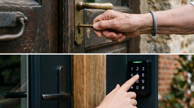 Person unlocking old wooden entrance compared with modern electronic keypad