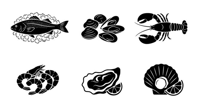 Seafood Icons Collection: Fish, Lobster, Shrimp, Clams, Oysters, Scallops, Vector Graphics