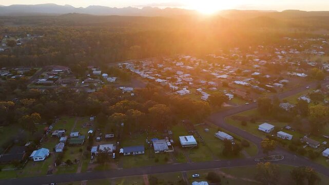 Aerial Sunset Over Rural Australian Outback Town