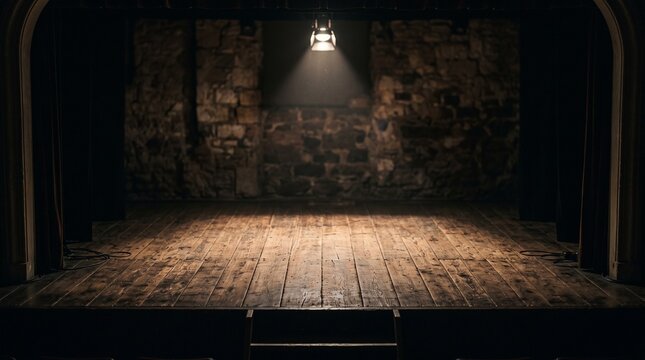 Empty old theater stage with wooden floorboards and a single spotlight shining on a textured dark stone wall background