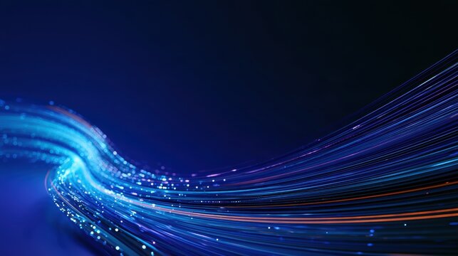 Abstract flowing blue light streaks moving across a dark digital background with glowing particles with waves