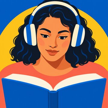 Woman Reading a Book with Headphones in Colorful Illustration