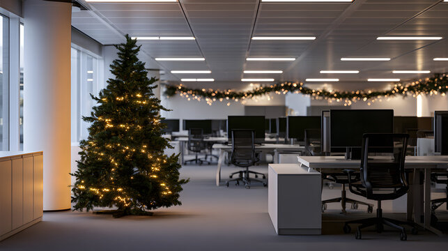 A Festive Office Scene: The image portrays the quiet office environment, adorned modestly for the holiday season, enhanced by a cozy Christmas tree that infuses warmth and happiness into the workspace