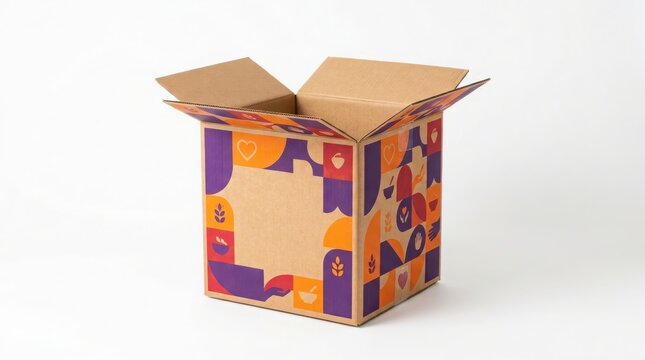 Open cardboard shipping box with colorful abstract patterns on the sides for product delivery