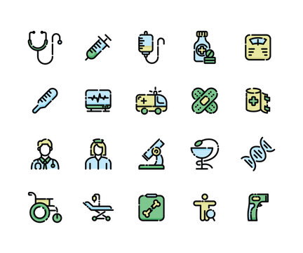 Filled Line Medical and Healthcare Icon Set. Filled Outline Healthcare and Doctor Service Icons for App Interface
