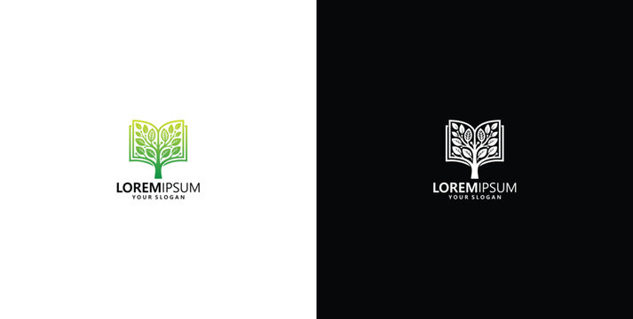 Tree and book logo template representing green education, growth, knowledge, and eco-friendly school branding