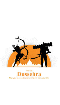 DUSSEHRA celebration featuring Rama and Ravana silhouettes, traditional bow, minimal white background, orange accents and festival design