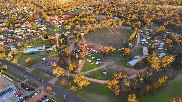 Aerial View of Rural Australian Town and Showground at Golden Hour