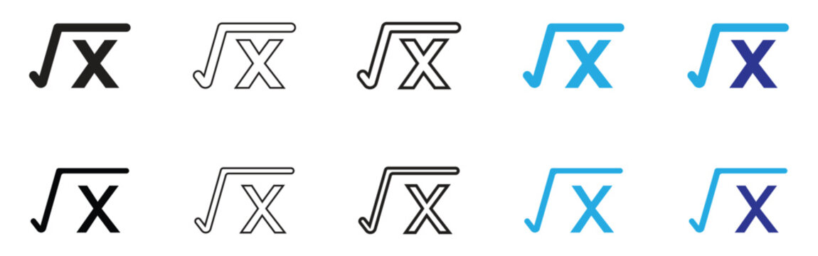 Square Root Math Icon Set in Outline Linear Solid Glyph and Blue Color Styles for Mathematics and Education