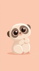 Obraz premium A cute cartoon illustration of a small fluffy lemur sitting with its hands together against a soft light orange background