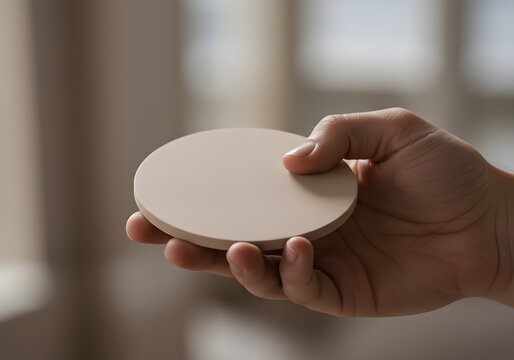 Beige coaster in hand