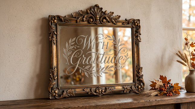 An ornate antique gold mirror with intricate carvings placed on a wooden console table in a rustic room