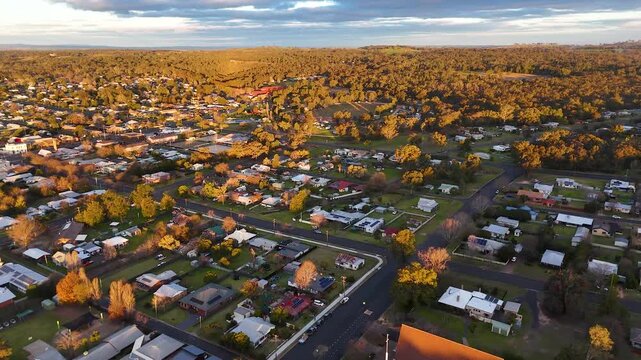 Aerial View of Rural Residential Town During Golden Hour