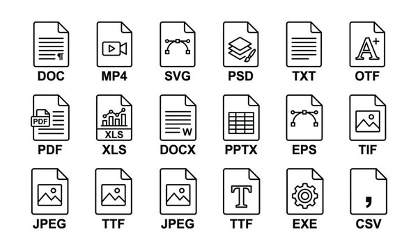 File Format Icon Set Document Type Extension Line Outline Doc Pdf Jpeg Vector Illustration Isolated on White Background