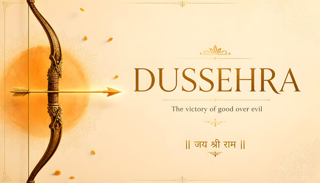 DUSSEHRA celebration featuring Lord Rama idol, ornate temple shrine, traditional puja offerings, glowing diyas and Vijaya Dashami design