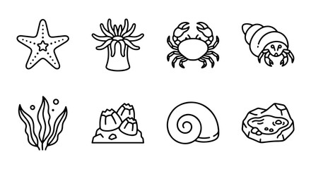 Obraz premium Ocean Life Icons Set, Marine Creatures Vector Collection, Underwater Elements Graphics