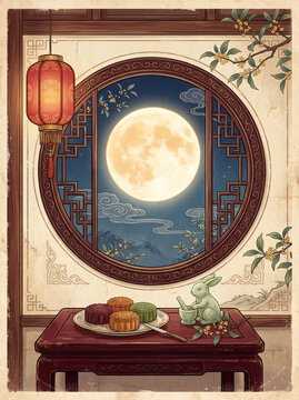 Chinese Mid-Autumn Festival card with large golden full moon slowly rising behind a traditional Chinese moon gate