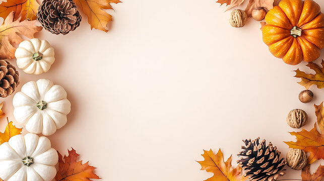 Wide e-commerce hero banner of autumn harvest elements framing vast cream text space for seasonal retail layout