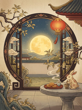 Chinese Mid-Autumn Festival card with large golden full moon slowly rising behind a traditional Chinese moon gate and lantern