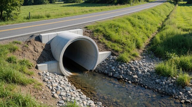 Large concrete culvert pipe installed under rural asphalt road. Water flows through drainage system under highway to prevent flooding. Civil engineering infrastructure manages water runoff in