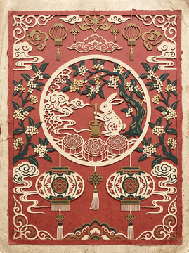 Vintage Chinese Mid-Autumn Festival paper-cut artwork 