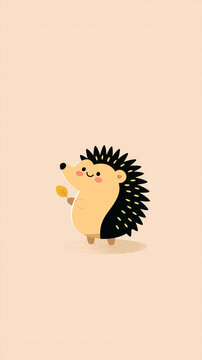 A cute cartoon hedgehog standing and holding a small yellow leaf in a simple flat illustration style on a light background