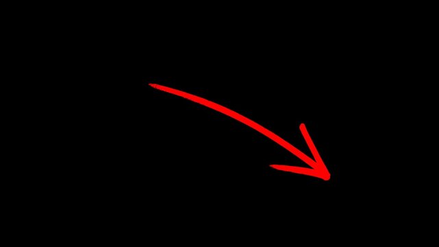 Red hand drawn curved arrow animation, doodle direction pointer stroke, isolated video overlay element