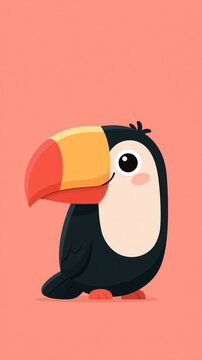 A cute cartoon illustration of a friendly toucan bird standing and smiling against a simple solid coral background for a cheerful and playful design project