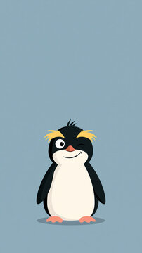A cute cartoon illustration of a happy little penguin standing and winking at the camera against a simple solid light blue background