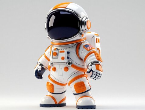 Chubby cartoon astronaut stands on plain white floor. Space explorer wears orange and white suit, silver helmet with dark visor. American flag patch visible.