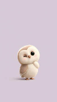 A cute fluffy baby owl with large eyes stands on a light background while winking at the camera in a friendly and playful manner