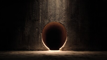 Fototapeta premium cavern. Round stone tunnel entrance with warm light glowing from within. real-estate listings, architecture portfolios, designed for interior renovation comparisons for interiors.